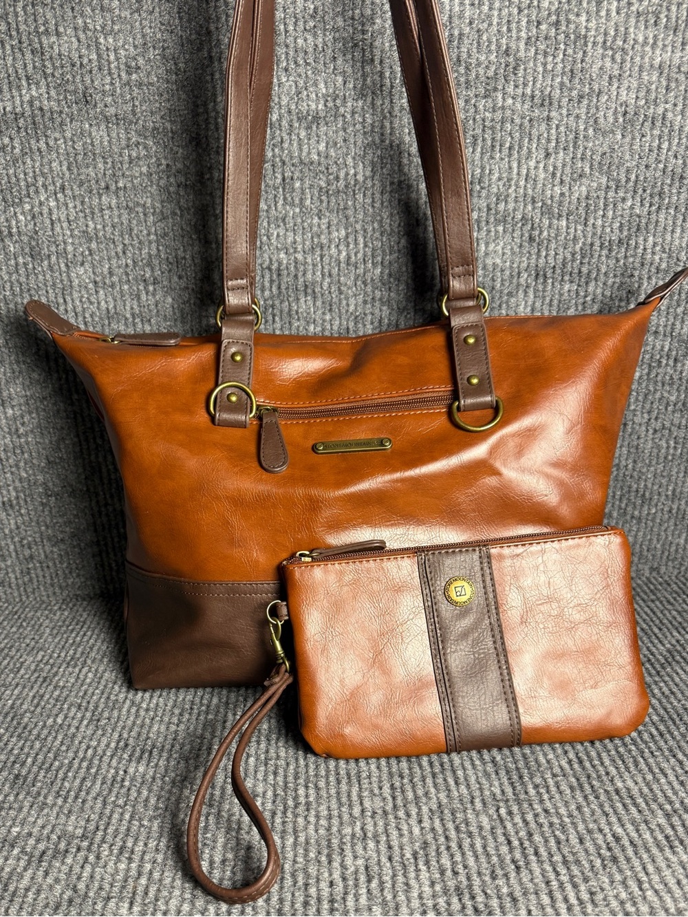 Stone Mountain Cognac Faux Leather Tote Bag & Matching Wristlet Set